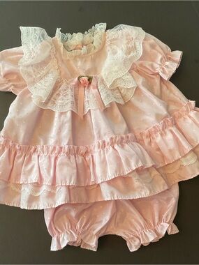 Vintage Baby Pink Ruffle Dress & Bloomers Set